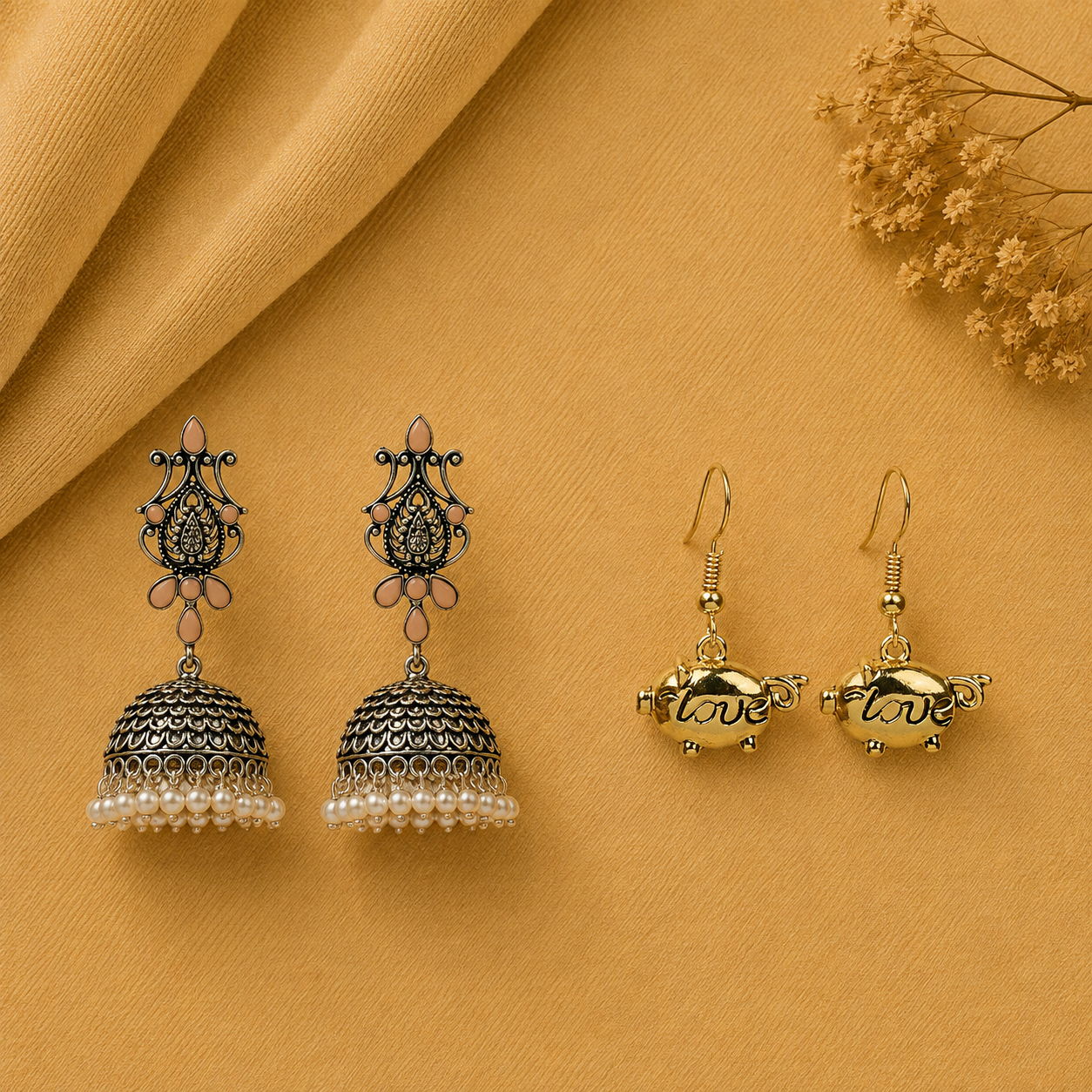 Kalash Kamal earring (Light Orange) Treasure oink dangler earrings Combo set