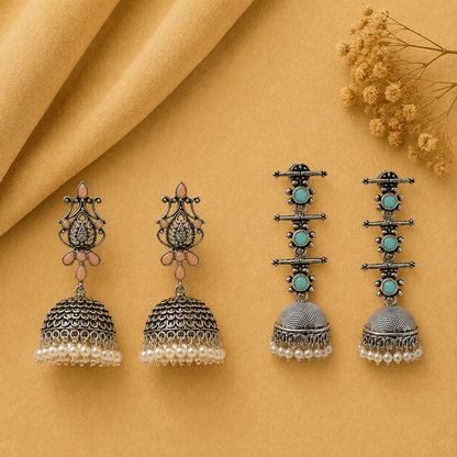Kalash Kamal earring  Royal Triple Bell Layered Jhumka Earring (Mint) Combo set
