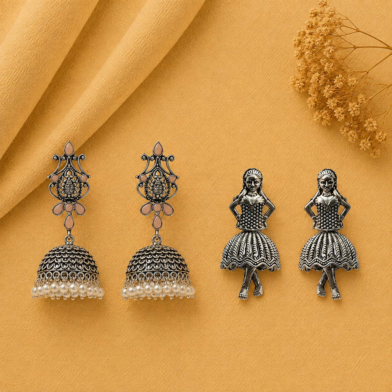 Kalash Kamal earring (Light Orange) Mini Muse stud earrings (Silver) Combo set