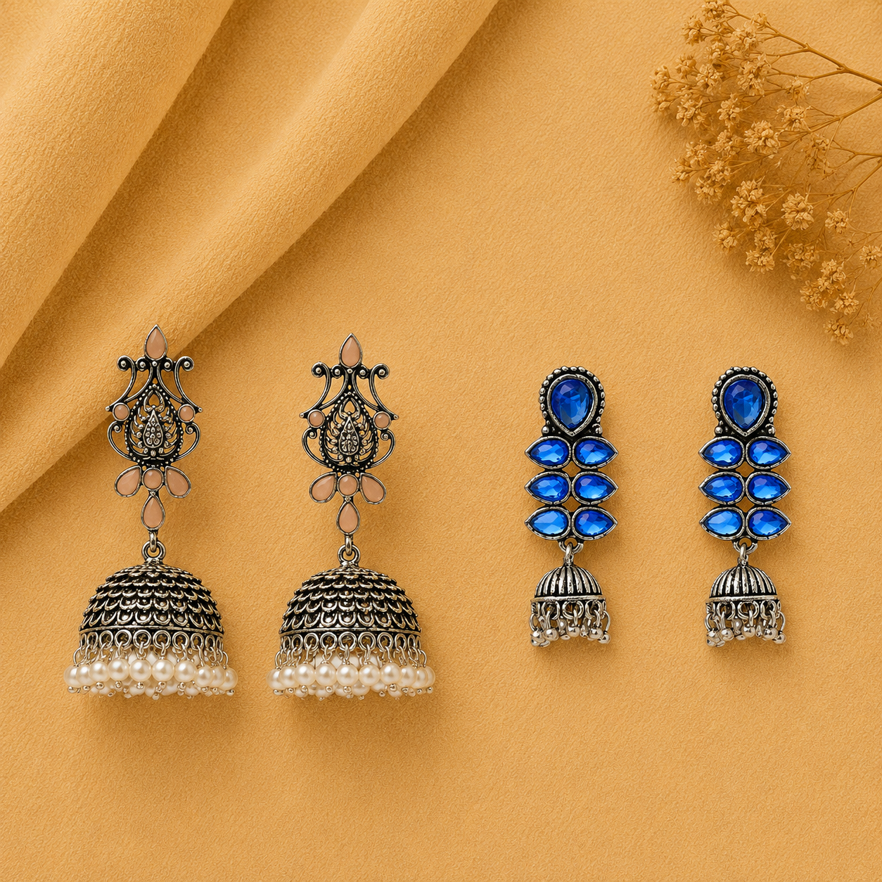 Kalash Kamal earring (Light Orange) Dazzle Dash Jhumki earring (Blue) Combo set