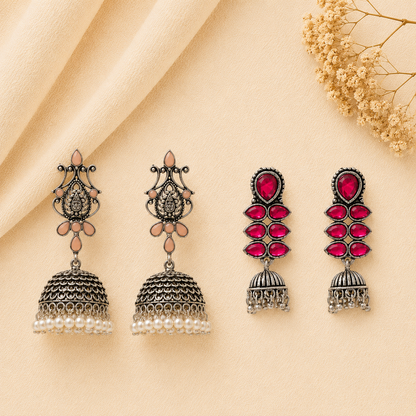 Kalash Kamal earring (Light Orange) Dazzle Dash Jhumki earring (Red) Combo set