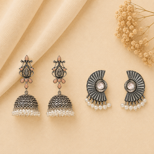 Kalash Kamal earring  Bloom Arc pearl stud earring (White) Combo set