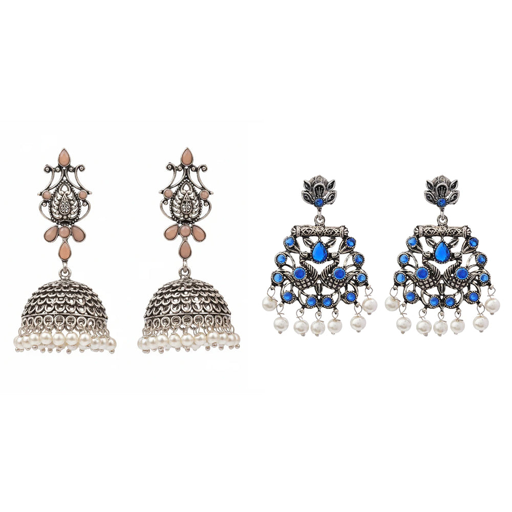 Kalash Kamal earring  Peacock glow stone studded dangler earrings (Blue) Combo