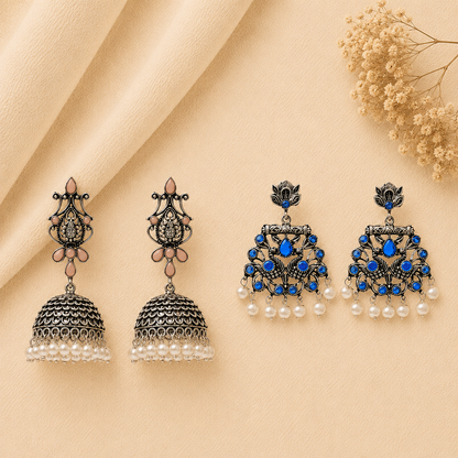 Kalash Kamal earring  Peacock glow stone studded dangler earrings (Blue) Combo