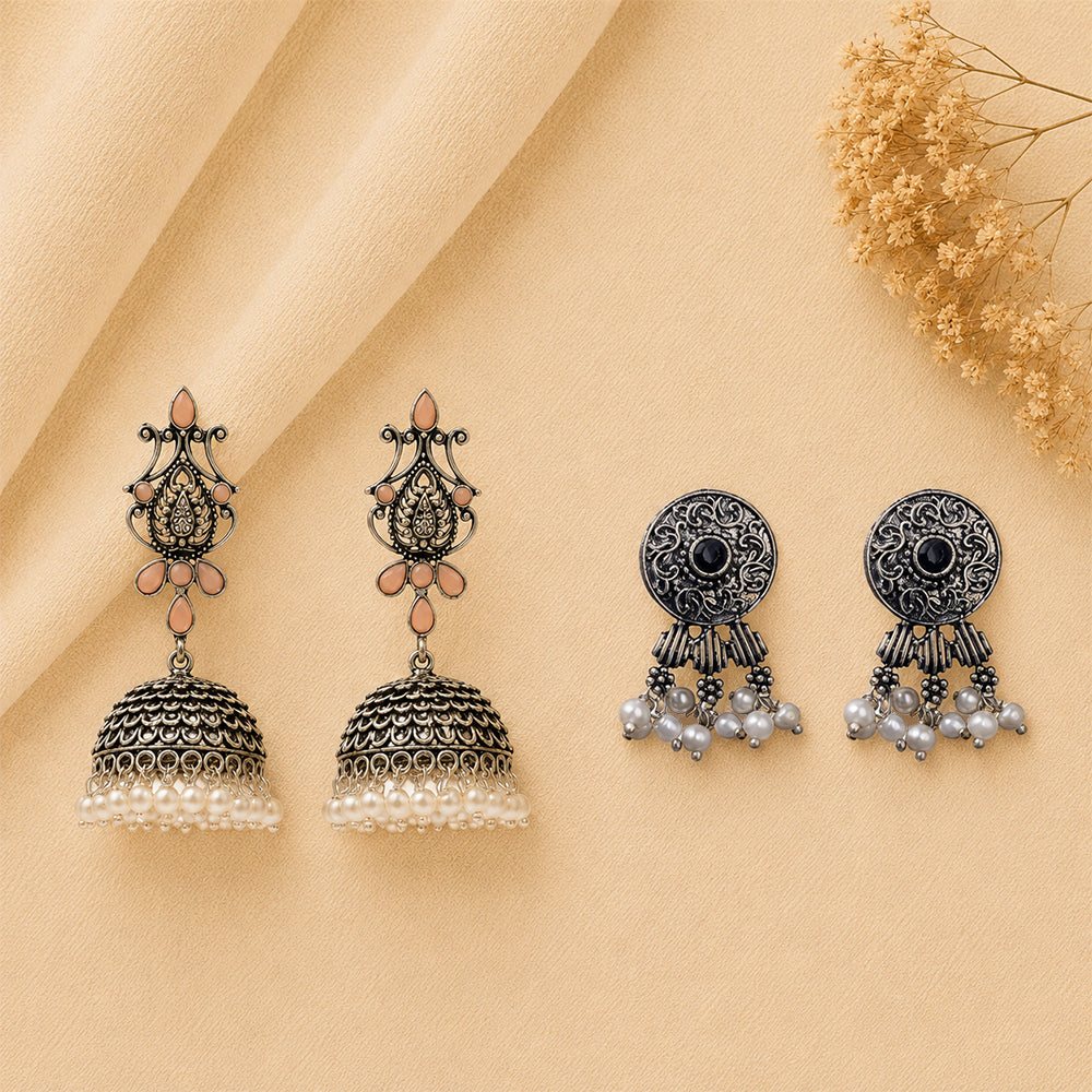Kalash Kamal earring (Light Orange) Button rays stud earring (Black) Combo set