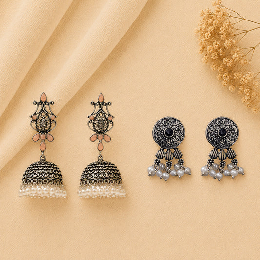 Kalash Kamal earring (Light Orange) Button rays stud earring (Black) Combo set