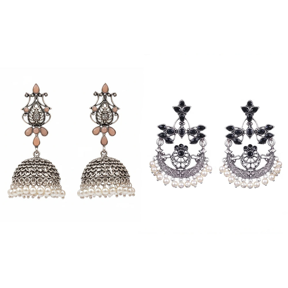 Kalash Kamal earring  Carved Charm Dangler earrings (Black) Combo set