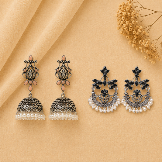 Kalash Kamal earring  Carved Charm Dangler earrings (Black) Combo set