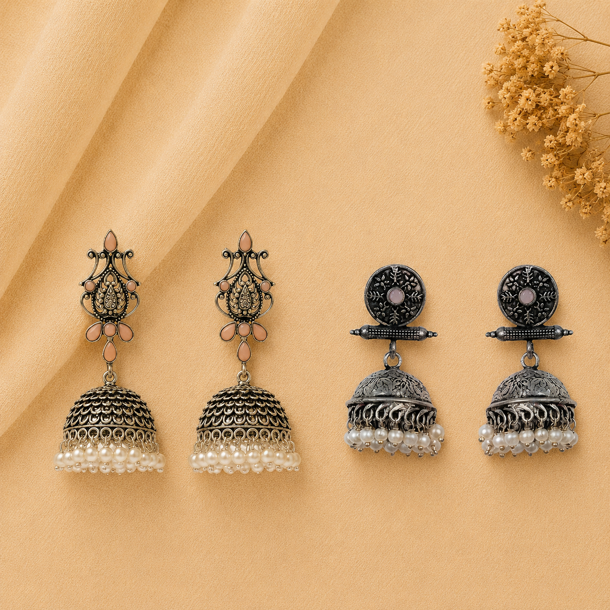 Kalash Kamal earring (Light Orange) Charmbell earrings (Light Orange) Combo set
