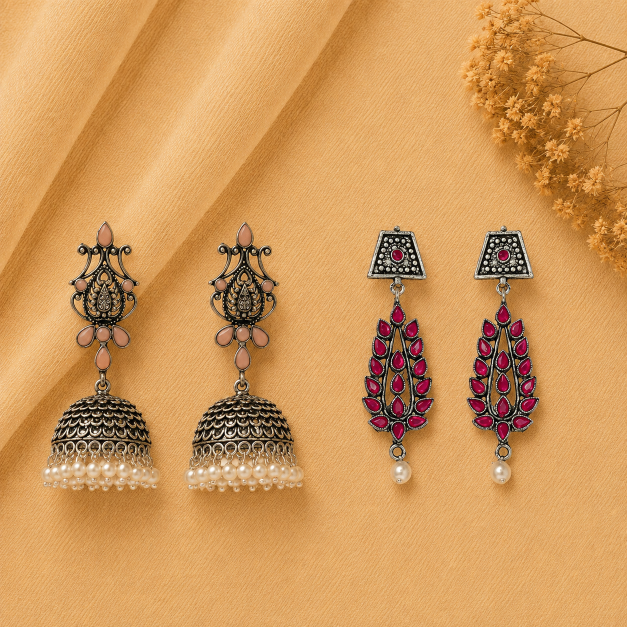 Kalash Kamal earring  Precious Petal stone studded dangler earring (Red) Combo