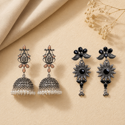 Kalash Kamal earring (Light Orange) FloraSun dangler earrings (Black) Combo set