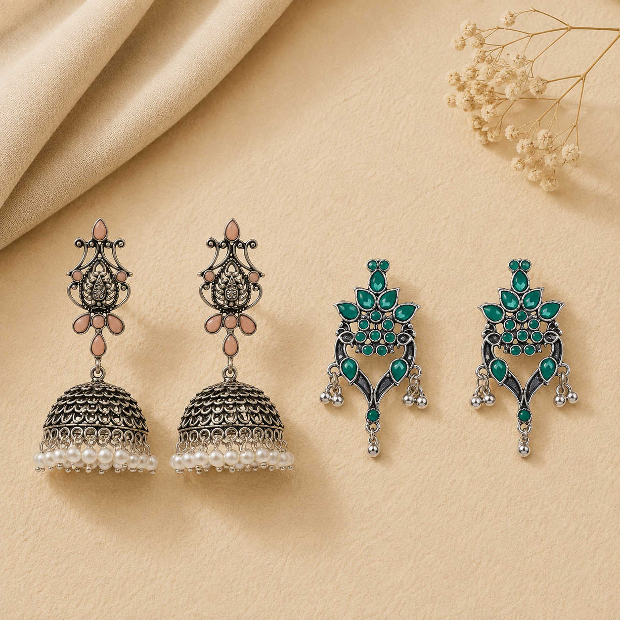 Kalash Kamal earring (Light Orange) Tint and Twinkle earrings (Green) Combo set