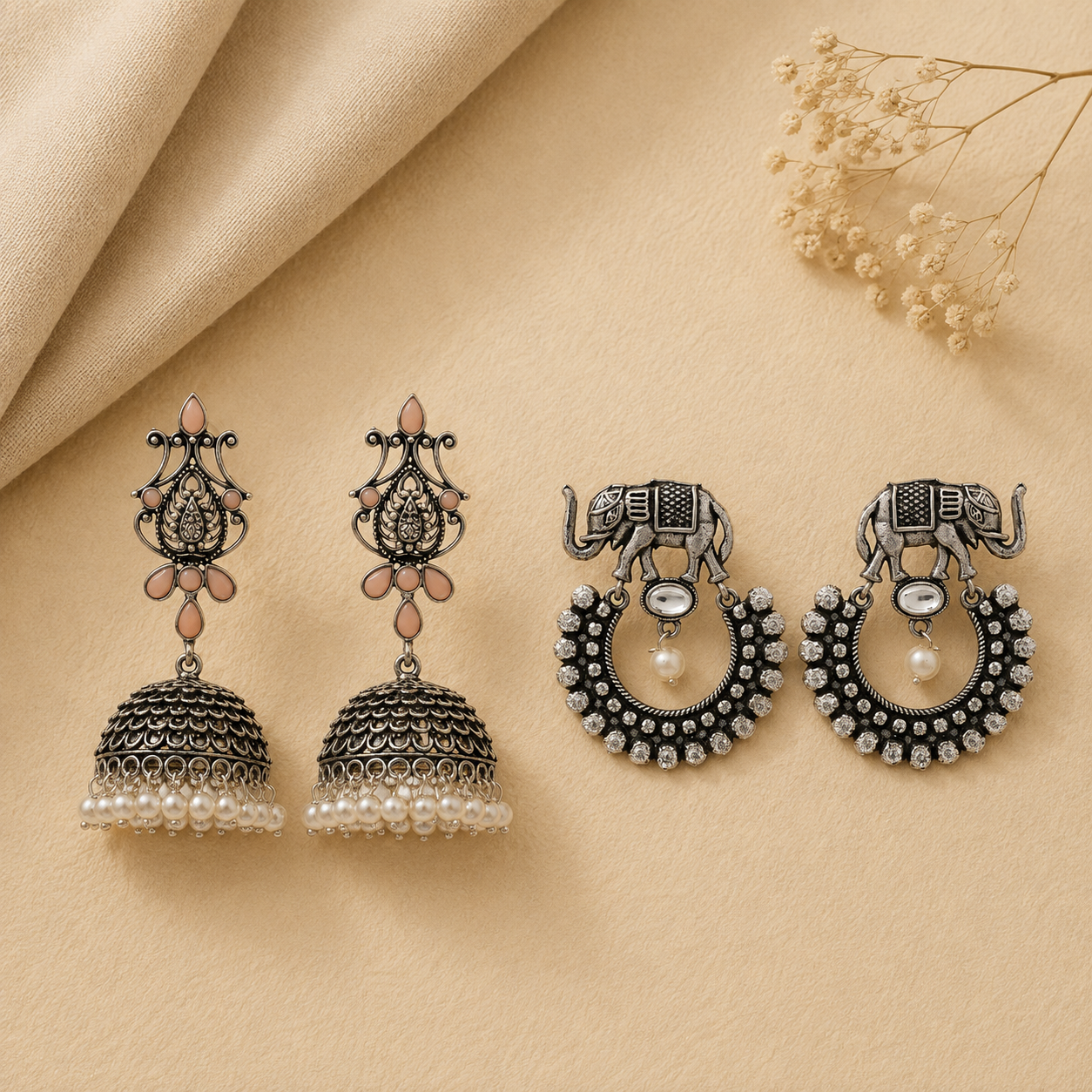 Kalash Kamal earring  Elephant Arc dangler earrings (White) Combo set