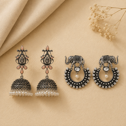 Kalash Kamal earring  Elephant Arc dangler earrings (White) Combo set