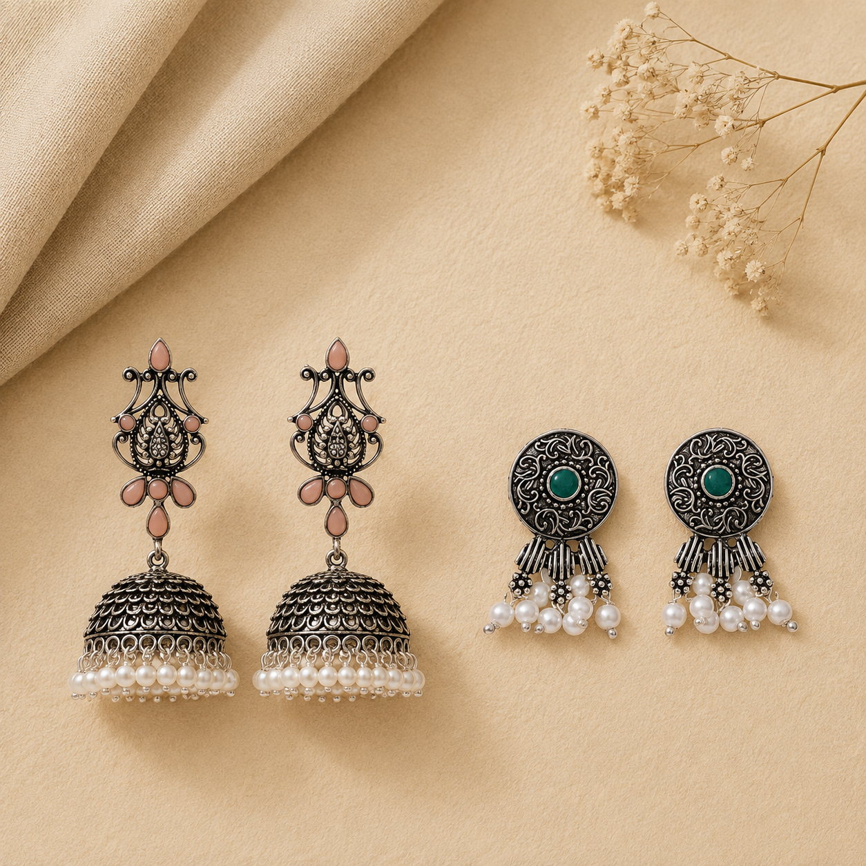 Kalash Kamal earring (Light Orange) Button rays stud earring (Green) Combo set