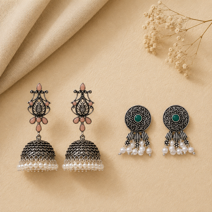 Kalash Kamal earring (Light Orange) Button rays stud earring (Green) Combo set