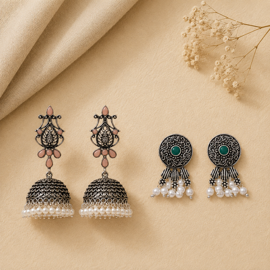 Kalash Kamal earring (Light Orange) Button rays stud earring (Green) Combo set