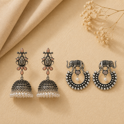 Kalash Kamal earring  Elephant Arc dangler earrings (Grey) Combo set