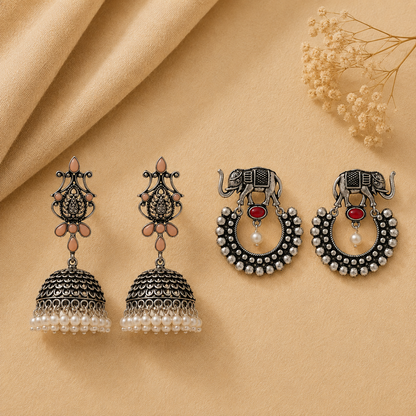 Kalash Kamal earring  Elephant Arc dangler earrings (Dark Red) Combo set