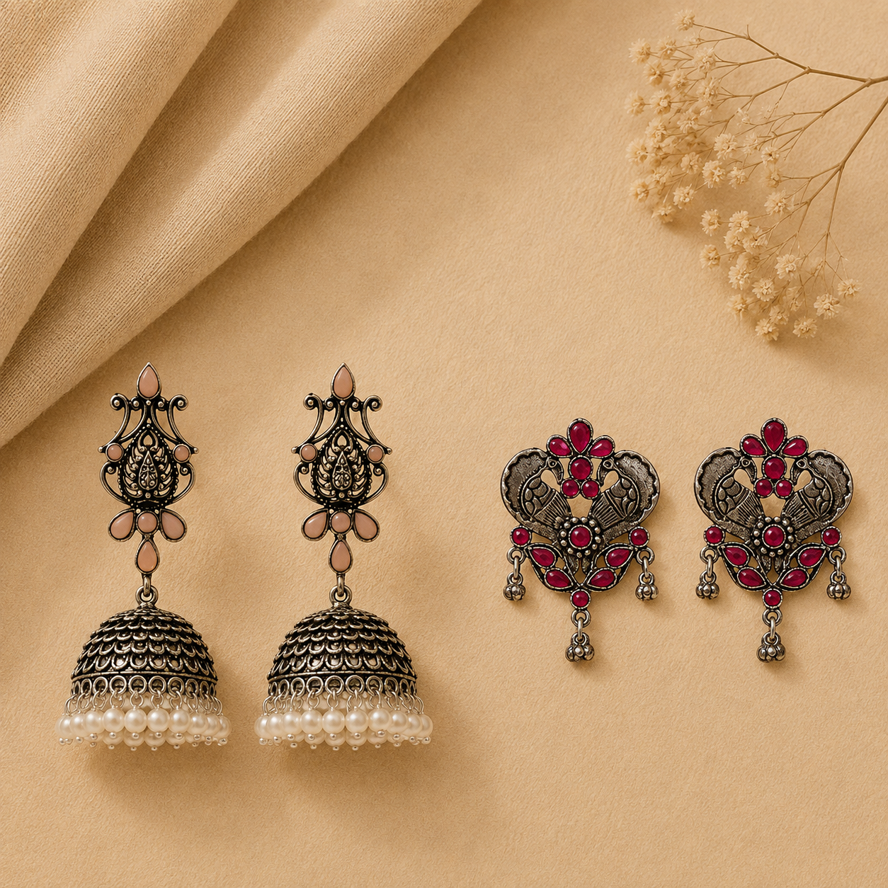 Kalash Kamal earring  Bulbul Bling Party Studds earrings (Red) Combo set