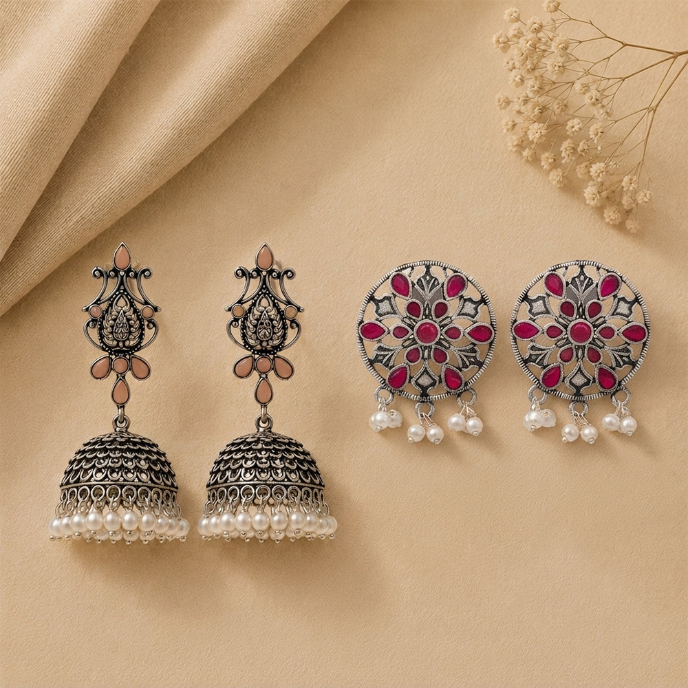 Kalash Kamal earring  Glass drops Dangler Earrings (Red) Combo set