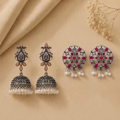 Kalash Kamal earring  Glass drops Dangler Earrings (Red) Combo set