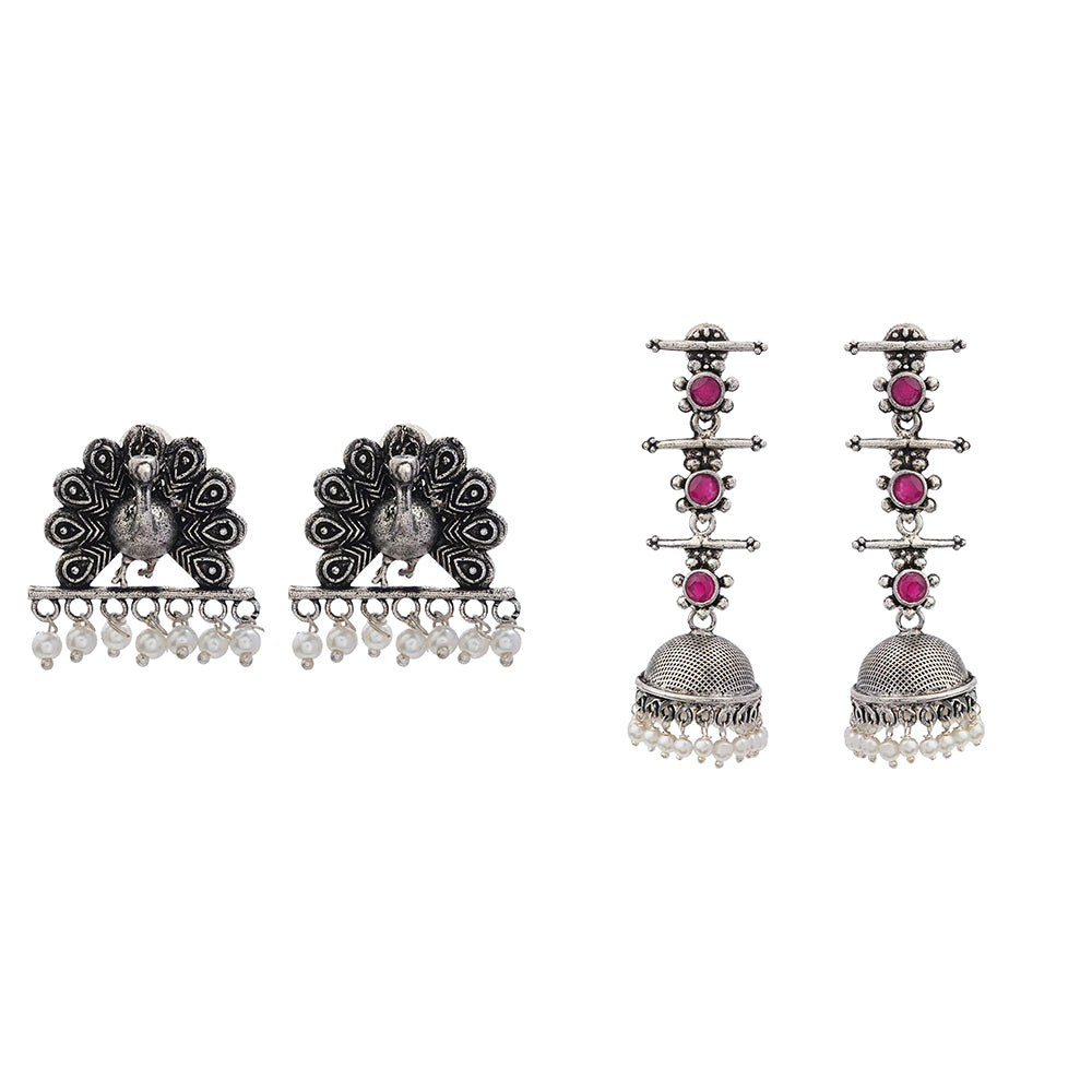 Royal Triple Bell Layered Jhumka Earring (Red) Meena Manjari stone stud earrings (Silver) Combo set