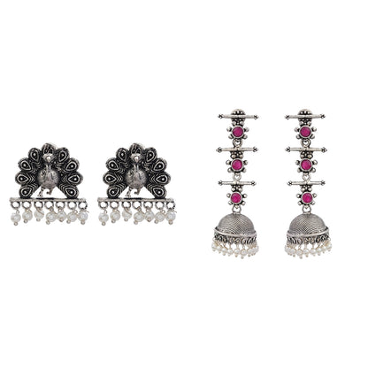 Royal Triple Bell Layered Jhumka Earring (Red) Meena Manjari stone stud earrings (Silver) Combo set