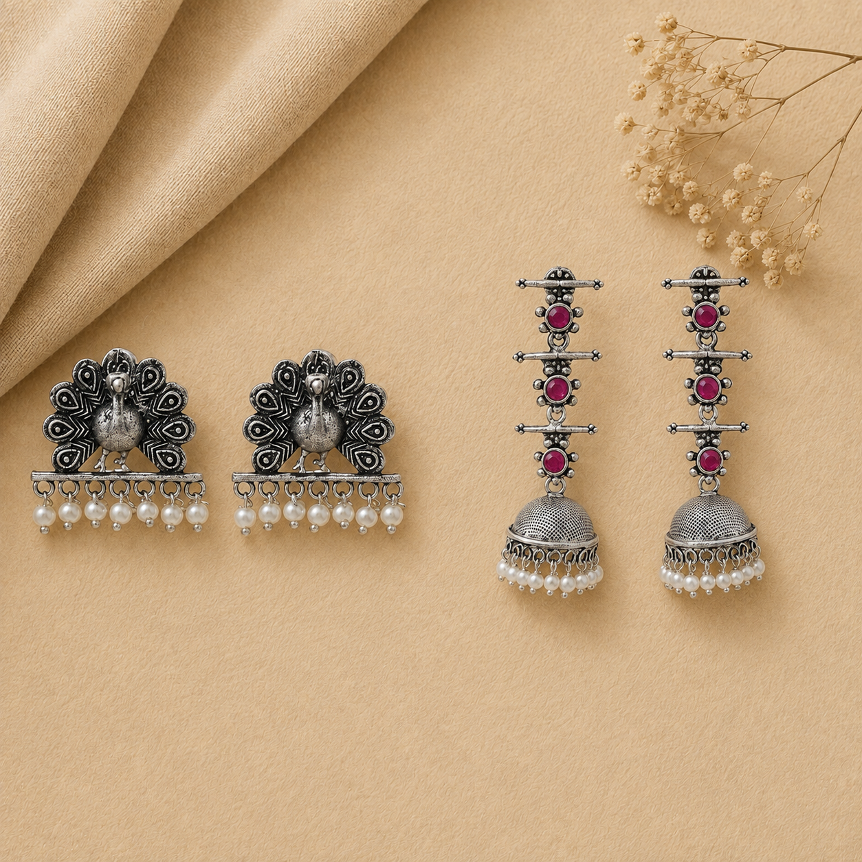 Royal Triple Bell Layered Jhumka Earring (Red) Meena Manjari stone stud earrings (Silver) Combo set