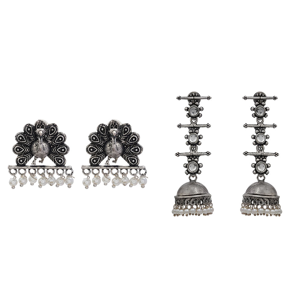 Royal Triple Bell Layered Jhumka Earring (White) Meena Manjari stone stud earrings (Silver) Combo set