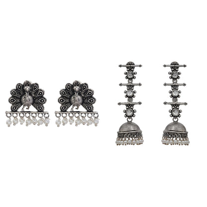 Royal Triple Bell Layered Jhumka Earring (White) Meena Manjari stone stud earrings (Silver) Combo set