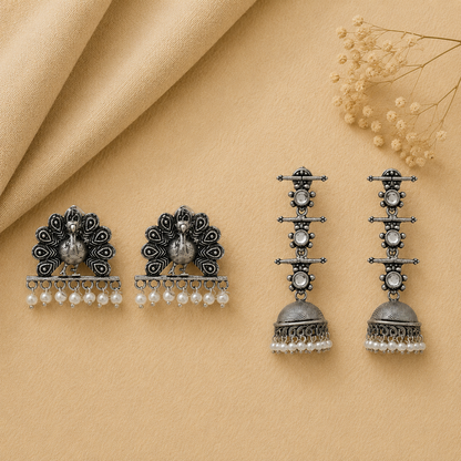 Royal Triple Bell Layered Jhumka Earring (White) Meena Manjari stone stud earrings (Silver) Combo set