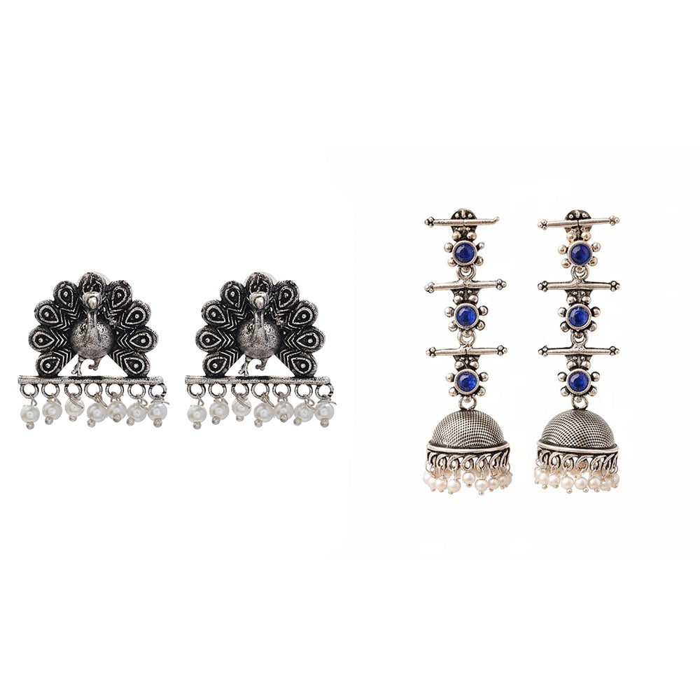 Royal Triple Bell Layered Jhumka Earring (Blue) Meena Manjari stone stud earrings (Silver) Combo set
