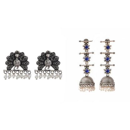 Royal Triple Bell Layered Jhumka Earring (Blue) Meena Manjari stone stud earrings (Silver) Combo set