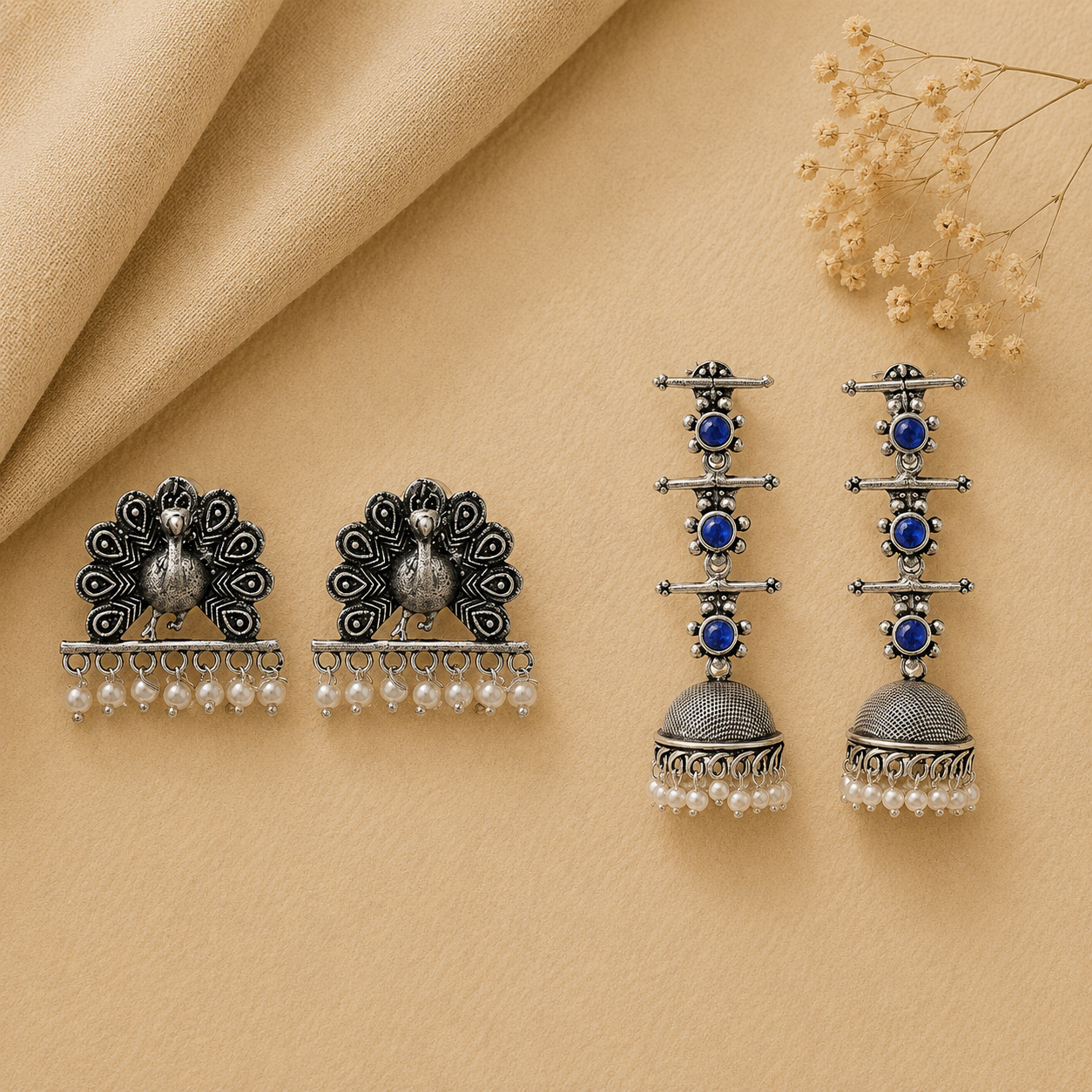 Royal Triple Bell Layered Jhumka Earring (Blue) Meena Manjari stone stud earrings (Silver) Combo set