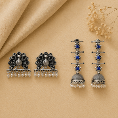 Royal Triple Bell Layered Jhumka Earring (Blue) Meena Manjari stone stud earrings (Silver) Combo set