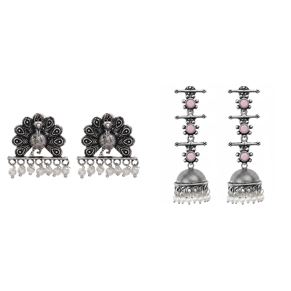 Royal Triple Bell Layered Jhumka Earring (Baby Pink) Meena Manjari stone stud earrings (Silver) Combo set