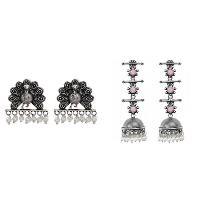 Royal Triple Bell Layered Jhumka Earring (Baby Pink) Meena Manjari stone stud earrings (Silver) Combo set