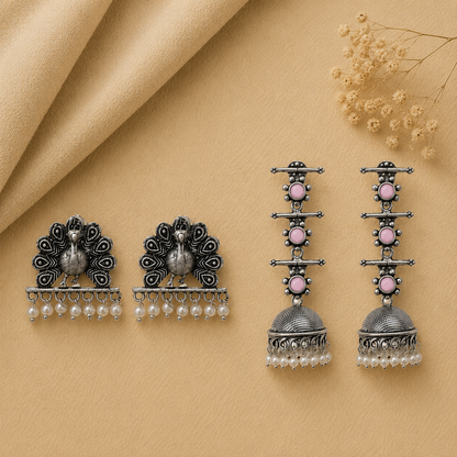 Royal Triple Bell Layered Jhumka Earring (Baby Pink) Meena Manjari stone stud earrings (Silver) Combo set