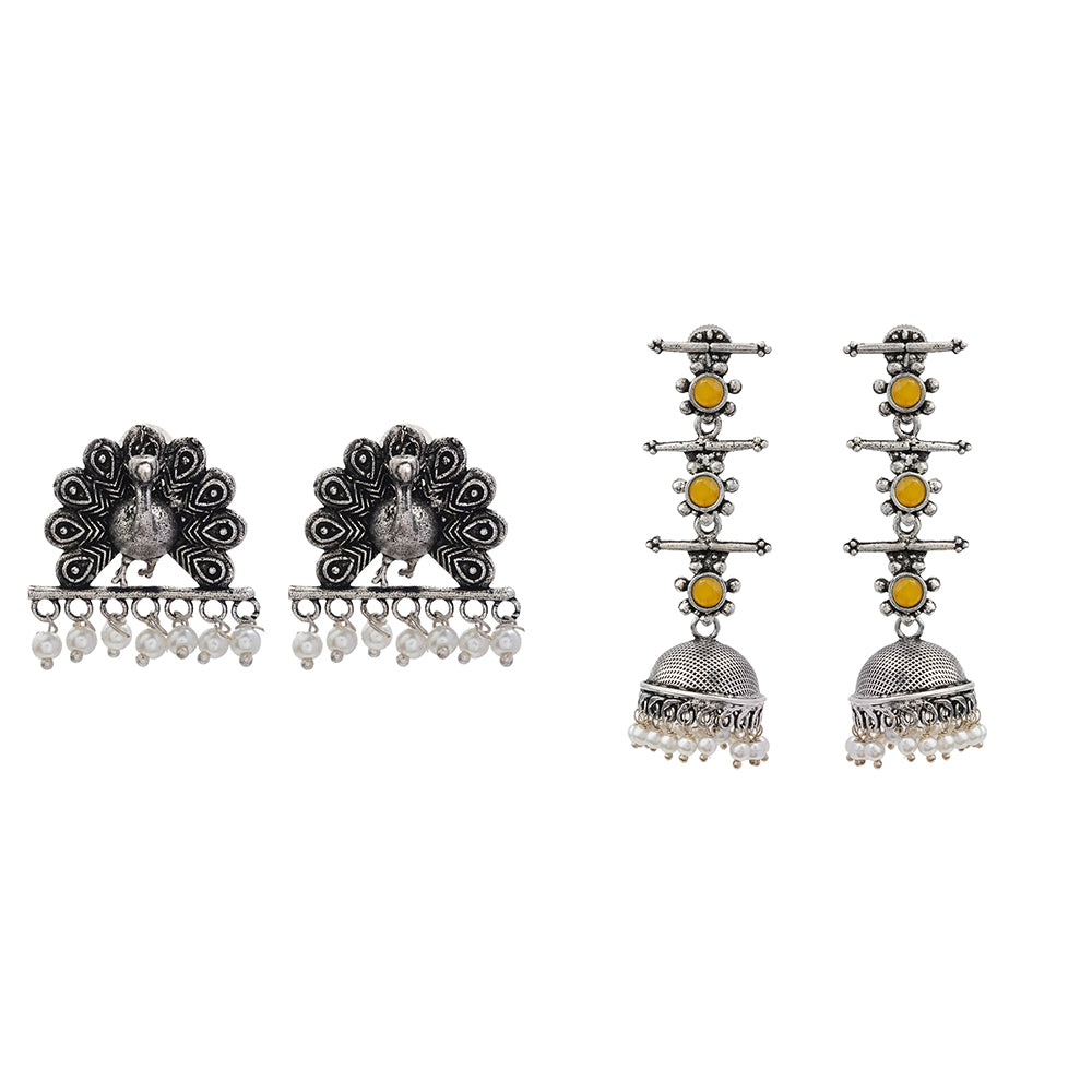 Royal Triple Bell Layered Jhumka Earring (Yellow) Meena Manjari stone stud earrings (Silver) Combo set