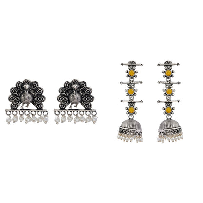 Royal Triple Bell Layered Jhumka Earring (Yellow) Meena Manjari stone stud earrings (Silver) Combo set