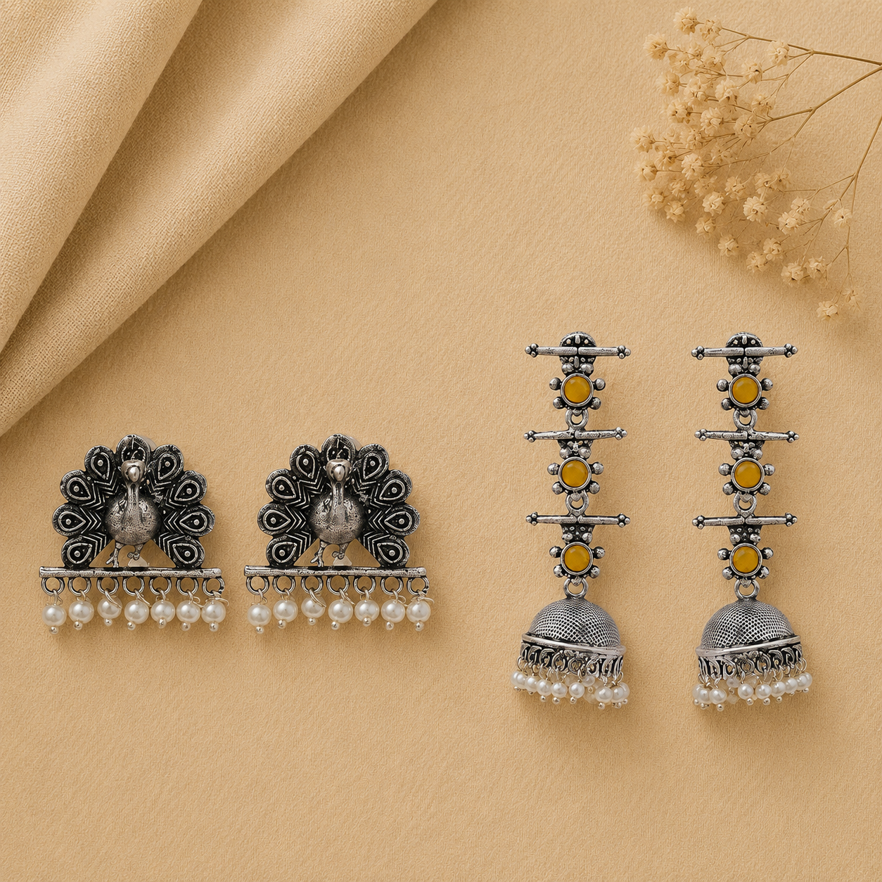 Royal Triple Bell Layered Jhumka Earring (Yellow) Meena Manjari stone stud earrings (Silver) Combo set
