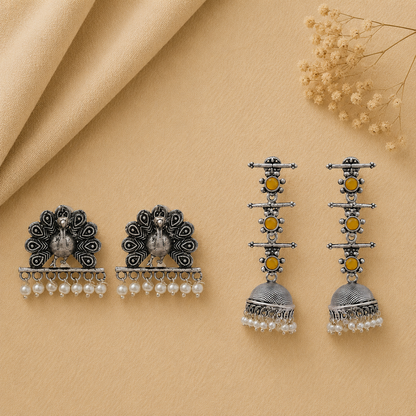 Royal Triple Bell Layered Jhumka Earring (Yellow) Meena Manjari stone stud earrings (Silver) Combo set