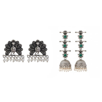 Royal Triple Bell Layered Earring (Green) Meena Manjari stone stud earrings (Silver) Combo set