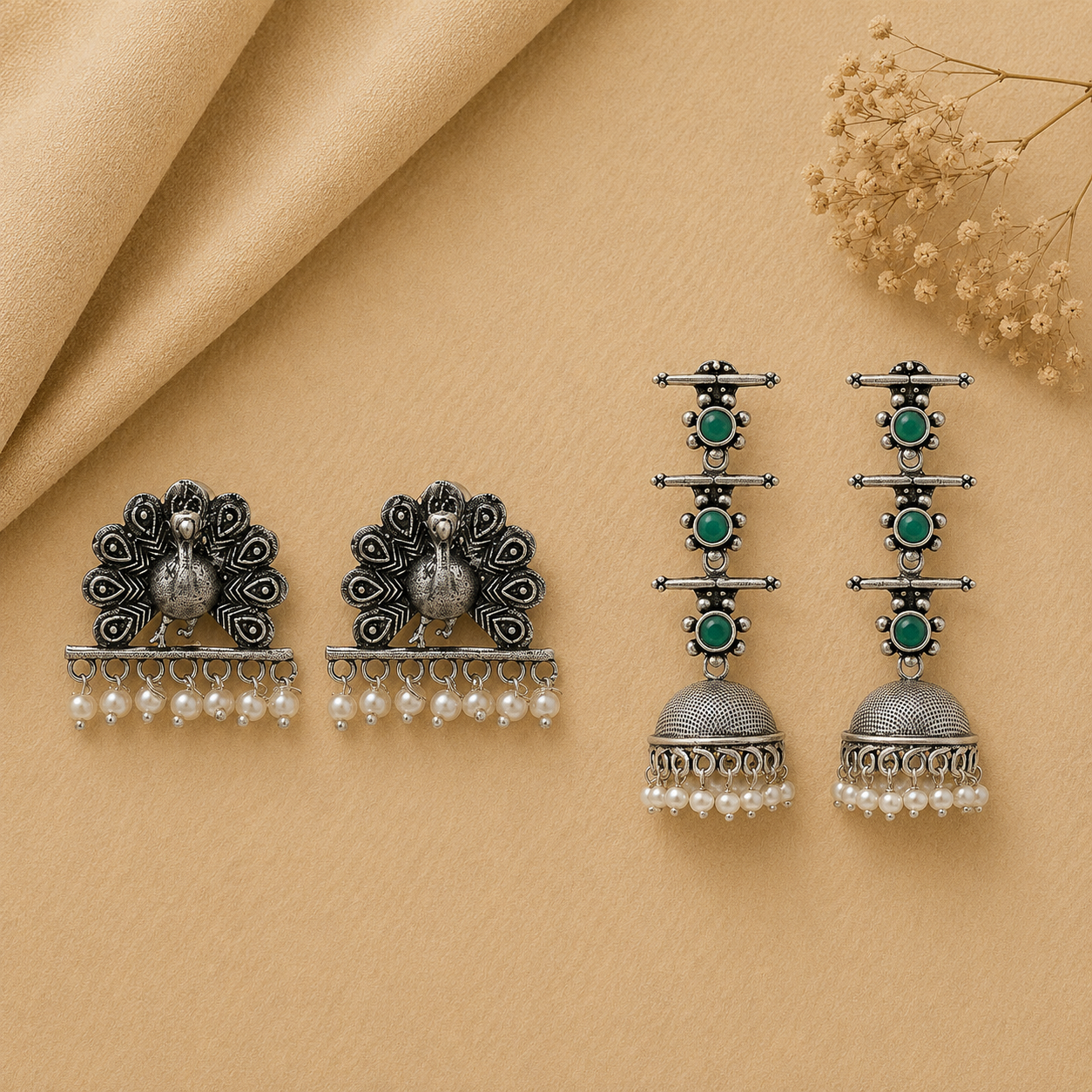 Royal Triple Bell Layered Earring (Green) Meena Manjari stone stud earrings (Silver) Combo set