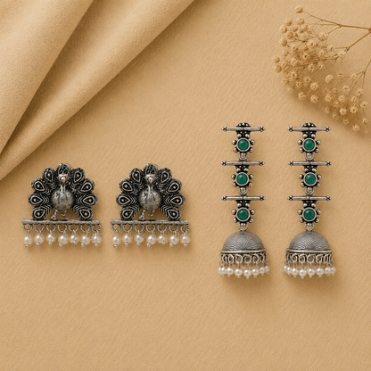 Royal Triple Bell Layered Earring (Green) Meena Manjari stone stud earrings (Silver) Combo set