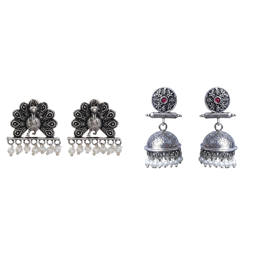 Charmbell earrings (Red) Meena Manjari stone stud earrings (Silver) Combo set