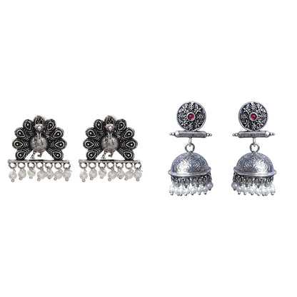 Charmbell earrings (Red) Meena Manjari stone stud earrings (Silver) Combo set