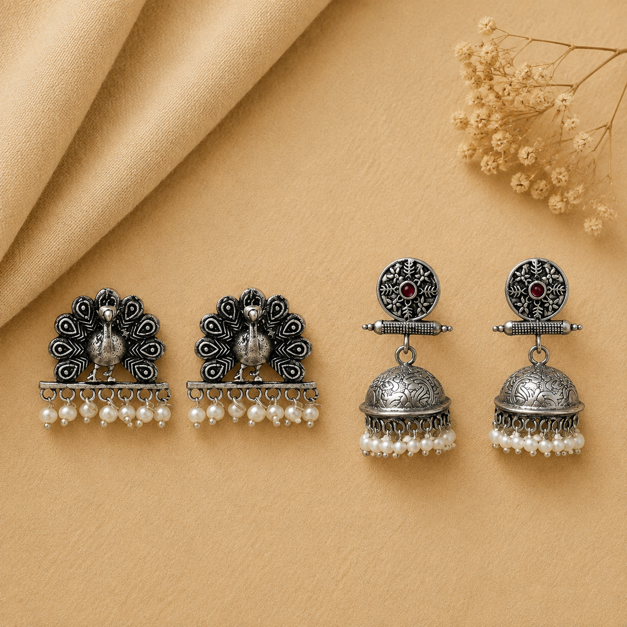 Charmbell earrings (Red) Meena Manjari stone stud earrings (Silver) Combo set