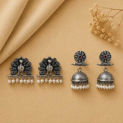 Charmbell earrings (Red) Meena Manjari stone stud earrings (Silver) Combo set